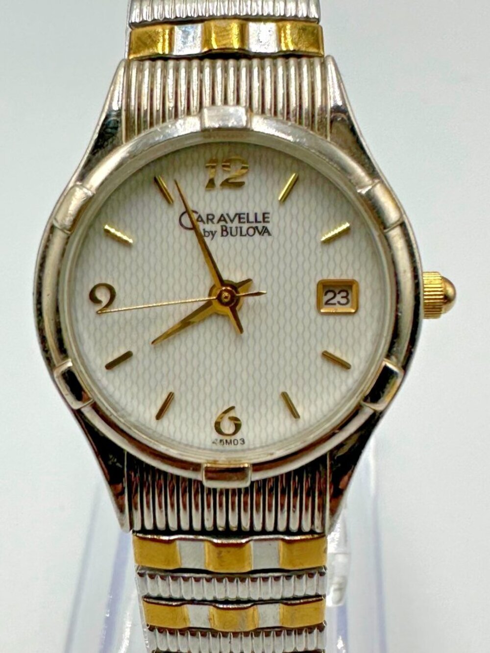 Caravelle Bulova Watch Women Silver Gold Tone Date Window Stretch Band Works